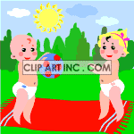 Two babies at the park in their diapers throwing a ball back and forth