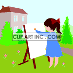 Animated girl painting the picture of a house