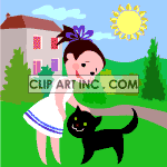 Animated little girl petting a black cat