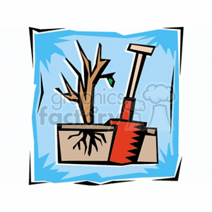 The image depicts a stylized representation of a bare tree with its roots visible, placed next to a red shovel, with everything contained within a frame that suggests this activity is happening outdoors, possibly signifying the process of planting or transplanting a tree.