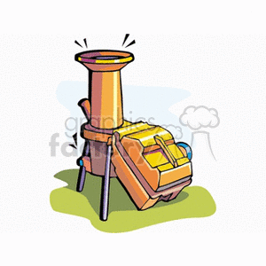 The clipart image depicts a stylized version of a piece of agricultural machinery, which appears to be some type of farm equipment, possibly a grain harvester or a thresher. It has a tall exhaust chute and is illustrated in bright colors.