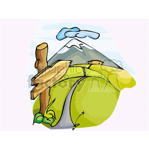 The clipart image features a cartoonish landscape. At the forefront, there's a wooden signpost lacking any text or symbols. Behind the sign, stretching away from the viewer, is a winding path or road leading through green rolling hills. In the distance, there is a mountain with a snow-capped peak. Above the mountain, there are simplified representations of clouds. To the right, partially hidden from view, appears to be a small house or farm building on one of the hills. The entire scene suggests a rural or country setting, likely representing agricultural land.