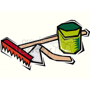 The clipart image showcases a collection of gardening tools, including a rake and a green bucket or pail. and axe or hatchet