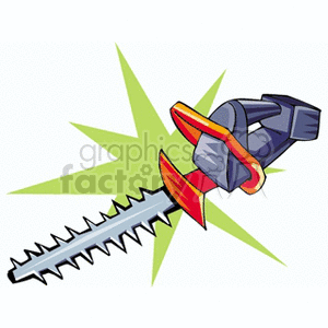 The clipart image shows a stylized representation of electric hedge trimmers, which is a gardening tool used for trimming and shaping hedges and bushes. The design features the trimmers with action lines, indicating movement or use.