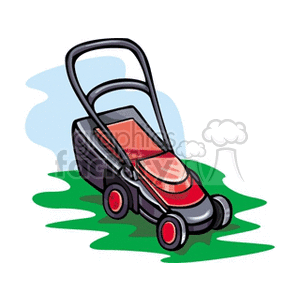 This image depicts a cartoon of a red and black push lawn mower on a patch of green grass, indicating the concept of mowing or cutting grass.