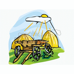 This clipart image depicts a sunny day on a farm, featuring a wooden wagon filled with hay on the left. In the background, there's a haystack under the warm rays of the sun shining down from behind a cloud. The wagon is situated on green grass, suggesting a pastoral, agricultural setting.