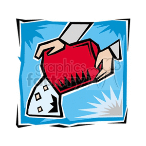 The clipart image depicts a stylized scenario which includes a pair of human hands tipping a red watering can or bucket, with water pouring out of it. The background features an abstract design with shades of blue, suggesting splashing or water movement. The whole image has a whimsical or cartoonish style suitable for a variety of informal or educational uses.