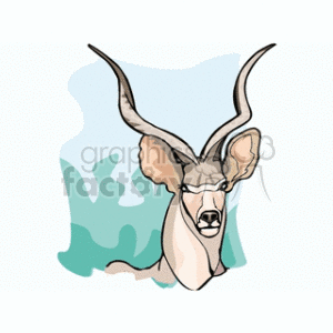 This clipart image depicts a stylized interpretation of a grey deer with prominent, sweeping antlers. The deer appears to be gazing forward attentively. Abstract shapes in shades of blue provide a simple, nondescript background that does not resemble a particular habitat.