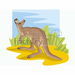 The image displays a stylized illustration of a kangaroo. The kangaroo appears to be standing on its hind legs and tail, looking upwards. The animal is set against a simple background depicting the sky and some green foliage, possibly grass or bushes, suggesting a natural habitat. The coloration of the kangaroo suggests it may be modeled after the common reddish-brown color seen in many species. 