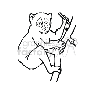 A line drawing of a Galagos climbing a branch
