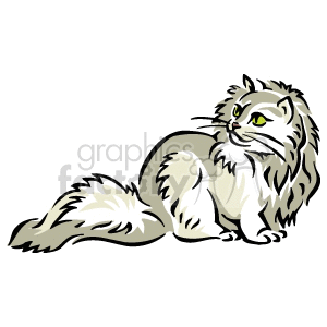 The image is a clipart illustration of a cat. The cat appears to have a fluffy coat with distinct fur texture, featuring a longer fur around the neck and tail. It has prominent, alert eyes and is in a seated position with its tail curled around its body.