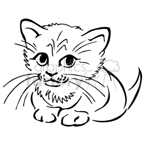 The image is a black-and-white clipart illustration of a single kitten. The kitten is sitting and facing forward, and the details included are the facial features such as eyes, whiskers, nose, and mouth, as well as the outline of its body, paws, and tail. It has a characteristic cute and curious expression often associated with kittens.