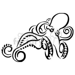 The image is a black and white line art clipart of an octopus. It features the distinct body shape of an octopus with a bulbous head and several swirling tentacles.