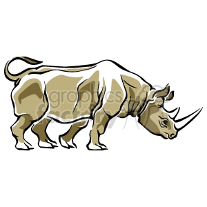 The image is a cartoon of a rhino. The rhino is standing sideways, facing to the right. It looks in a posture as if it is about to charge 