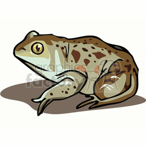 The image depicts a stylized illustration of a brown spotted frog in profile view. It looks like it is resting, with its hind legs tucked under its body, and its eye is prominent and alert. There is no water visible in the image; the frog is portrayed on a plain background casting a slight shadow beneath it, suggestive of being on solid ground.