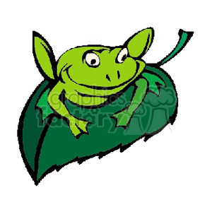 The image is a clipart illustration of a green frog with a big, happy smile, sitting snugly on a large green leaf.