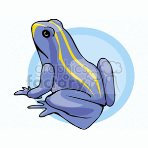 This clipart image depicts a stylized illustration of a blue frog with yellow stripes. The frog is situated against a circular water-like blue background. It is an image mainly intended to represent amphibians in a simplistic and graphic form.