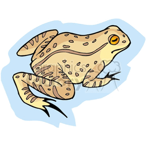 The clipart image depicts a stylized, cartoonish representation of an amphibian, specifically a frog or a toad. The creature is colored in shades of tan and orange and has notable features such as large eyes, which are prominent with an orange iris, and dark spots scattered across its back and limbs. The artistic style suggests the image is designed for casual or educational use.