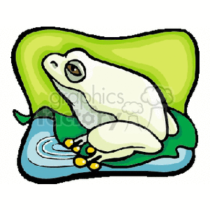 The clipart image depicts a stylized, cartoon-like frog that appears to be in shades of cream or light color, potentially representing an albino variant. The frog is sitting on a green lily pad which is floating on blue water with ripples, suggesting the frog is on a pond or lake. The color contrast between the frog and the lily pad highlights the amphibian's presence.