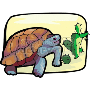 This clipart image features a cartoon of a turtle next to a cactus. The turtle is illustrated in shades of brown, tan, and purple, with a rounded shell. To its right is a green cactus with two arms and a couple of prickly spines. The background suggests a desert environment with a yellowish hue, and the overall setting gives the impression of a land scene rather than a marine one.