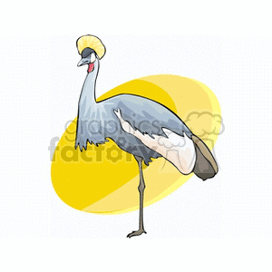 A clipart image of a grey crowned crane with a yellow crest on its head, standing on one leg against a yellow oval background.