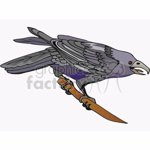 Clipart image of a crow perched on a branch with its beak open.