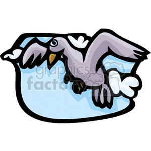 Clipart image of a gray bird in flight with a blue sky and white clouds in the background.