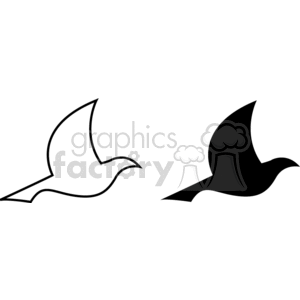 This clipart image features two bird silhouettes in flight. One silhouette is outlined with a black border on a white background, while the other is filled in with solid black color.