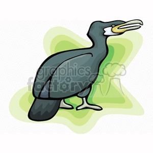 Clipart image of a cormorant standing on a green abstract shape.