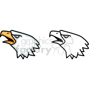 This clipart image features two stylized eagle heads in profile view. The first eagle head is colored with a yellow beak and detailed shading, while the second is a simplified black and white version without colors.