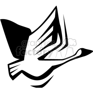 A black and white clipart image of a flying goose.
