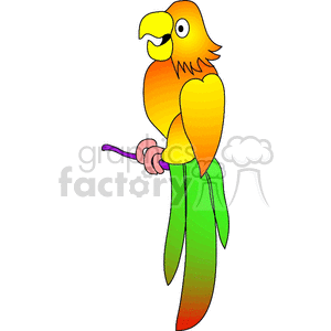 Colorful clipart image of a parrot with a vibrant orange head and green tail feathers, perched on a purple branch.
