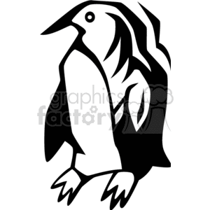 A black and white clipart image of a penguin with a stylized design.