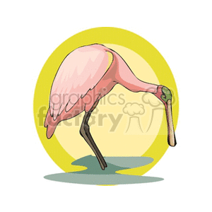 Clipart image of a pink flamingo or bird with a long, curved beak standing on one leg, surrounded by a yellow circle.