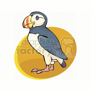 A colorful clipart image of a puffin standing with an orange-yellow oval background.