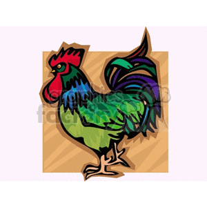 Colorful clipart image of a rooster with green, blue, red, and black feathers.