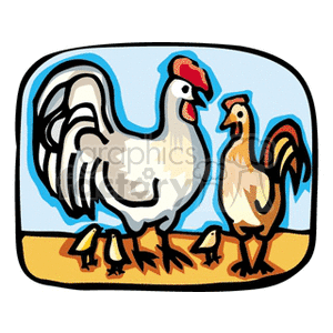 A colorful clipart image featuring a rooster, a hen, and three chicks standing on the ground, with a light blue sky background.