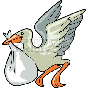 A clipart image of a stork carrying a bundle, commonly used to symbolize the delivery of a newborn baby.