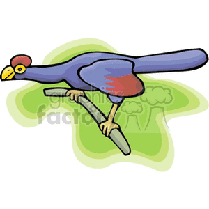 Clipart image of a colorful bird with purple and red feathers, a yellow beak, and a red crest, perched on a branch with a green abstract background.