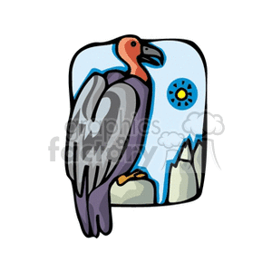 Clipart image of a vulture perched on a rock with a bright sun in the background.