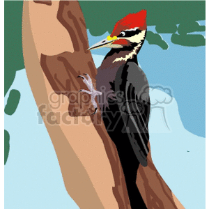 A colorful clipart image of a woodpecker with a red crest perched on a tree trunk. The background shows abstracted depictions of tree branches and sky.