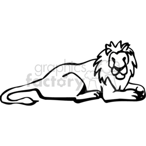 The image is a black and white clipart depicting a lion. The lion appears to be lying down with its front paws extended forward and its head held up.
