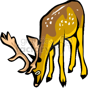 The clipart image shows a brown deer with antlers standing on all four legs, leaning down and eating. It has white spots on its body.