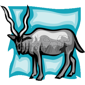 This clipart image features a stylized depiction of an antelope with prominent horns. It has a black and grey color scheme with certain highlights, and it is set against a blue abstract background. The overall design appears to be a graphic representation suitable for various multimedia applications. The antelope shown resembles a Kudu or a related species, given the shape and twist of the horns.