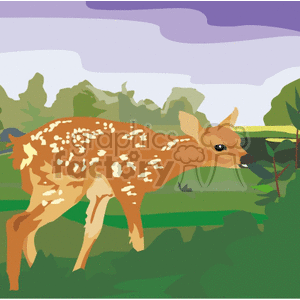 The clipart image depicts a young fawn in a natural setting. The fawn is characterized by its reddish-brown fur with white spots, which is typical for young deer. The background suggests a forest or park environment with greenery and trees.