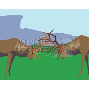 The clipart image depicts two deer with large antlers locked together as if they are engaged in a battle or display of strength. The background appears to be a simplistic landscape with a green field and a blue sky, possibly indicating an outdoor, wild environment.