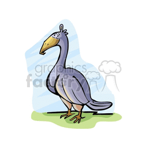 The image shows a cartoon of a whimsical, bird-like dinosaur with a large beak, standing on a patch of grass.
