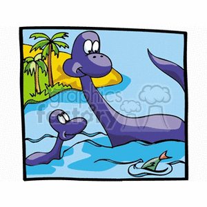   The clipart image features a cartoon of two purple dinosaurs, which appear to be a mother and baby, near water with a tropical setting in the background indicated by a palm tree. The baby dinosaur is in the water, while the mother dinosaur is partly on land and partly in the water. There