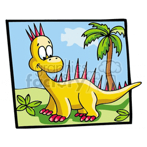 The image you've provided features a cartoon depiction of a yellow dinosaur with a friendly expression. The dinosaur has reddish spikes running along its back, four pink-toed feet, and a big smile. Behind the dinosaur, there is a palm tree indicating a prehistoric, possibly tropical setting. A small green plant is visible in the bottom left corner, and a white cloud floats in the sky contained within the border of the image.