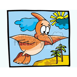   This clipart image depicts a comical, cartoonish representation of a small pterodactyl. The pterodactyl has large eyes and a friendly expression, and it appears to be flying. In the background, there